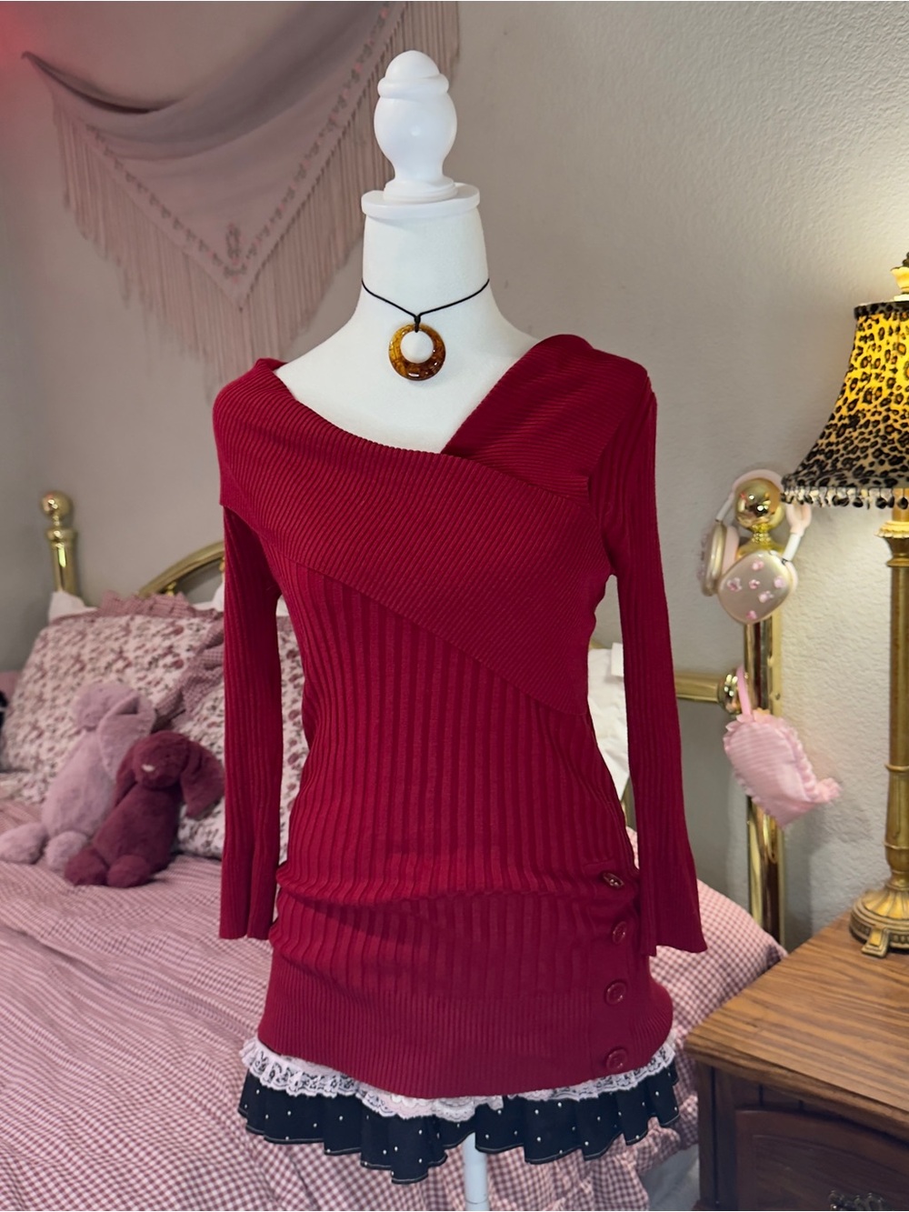 Y2K Fitted Ribbed Asymmetric Red Sweater
